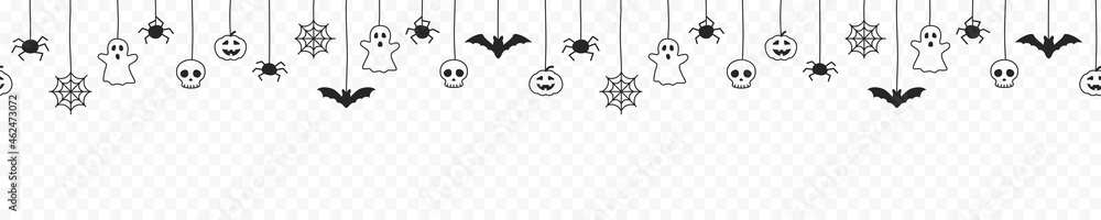 Happy Halloween seamless banner or border with black bats, spider web, ghost and pumpkins. Vector illustration party invitation isolated on transparent background - obrazy, fototapety, plakaty 