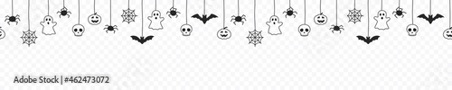 Happy Halloween seamless banner or border with black bats, spider web, ghost and pumpkins. Vector illustration party invitation isolated on transparent background