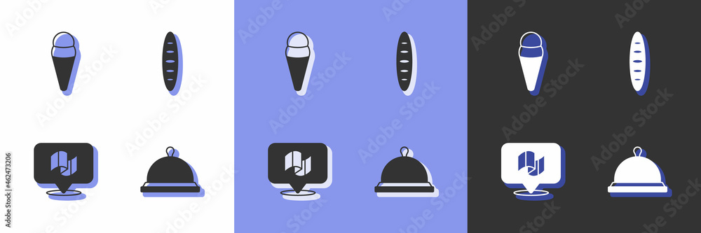 Set Covered with tray of food, Ice cream in waffle, Flag Italy and French baguette bread icon. Vector