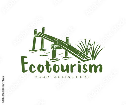 Ecotourism, dock, pier and aquatic plants, logo design. Traveling, tourism, rural scene and agritourism, vector design and illustration