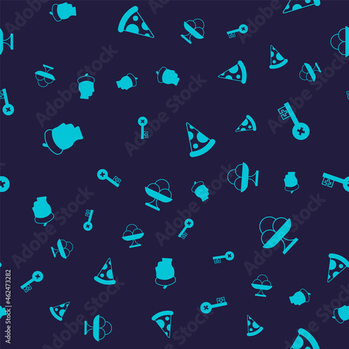 Set French man, Old key, Slice of pizza and Ice cream in the bowl on seamless pattern. Vector
