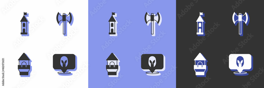 Set Medieval helmet, Castle tower, and poleaxe icon. Vector