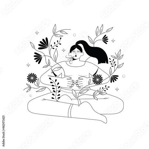 Breathing exercise concept. Woman sitting on the floor in pose lotus and makes a exhale. Vector illustration.