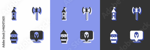 Set Medieval helmet, Castle tower, and poleaxe icon. Vector