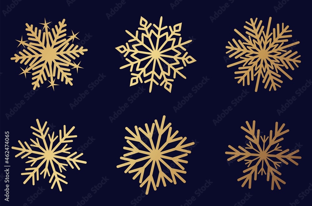 Set of gold snowflakes. Winter holiday decor elements for greeting card, print, banner. Linear snowflake icon set. Flat style vector illustration. Set of snowflakes in thin line style Set of gold snowflakes. Winter holiday decor elements for greeting card, print, banner. Linear snowflake icon set. Flat style vector illustration. Set of snowflakes in thin line style