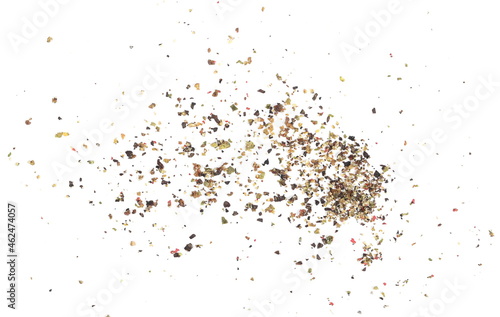 Minced colorful pepper, ground peppercorn mix pile isolated on white background, top view