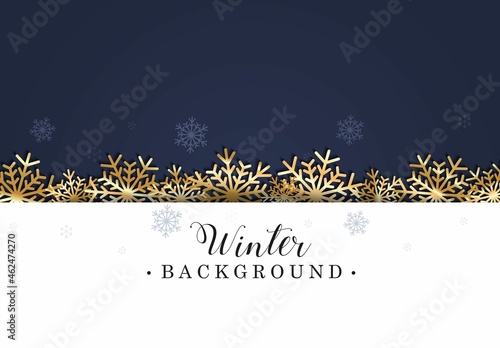 Winter background with golden snowflakes and navy blue bcakground. Elegant holiday design template for flyer, greeting card, invitation, party, banner, poster. Flat style Christmas vector illustration