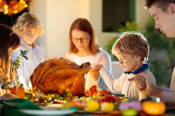 Thanksgiving family dinner. Roasted turkey meal.