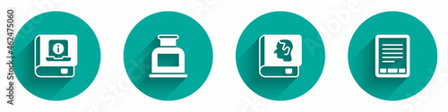 Set User manual, Inkwell, Law book and E-Book reader icon with long shadow. Vector