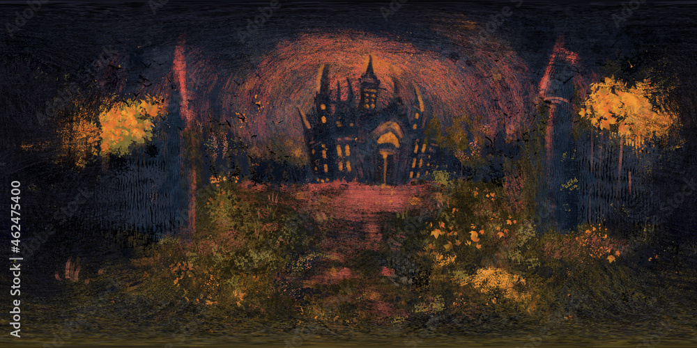 360 panoramic background with a cartoon painted castle in a dark forest 360 panoramic background with a cartoon painted castle in a dark forest