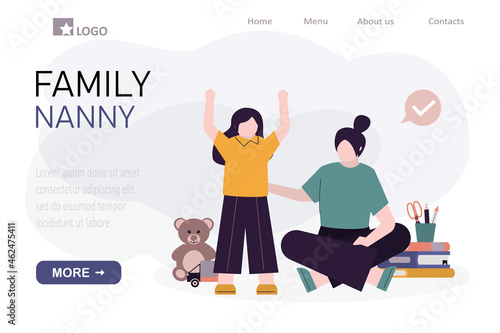 Nanny rejoices in child's success. Mother sitting and playing with daughter. Female character taking care of little kid. Concept of in-home babysitting