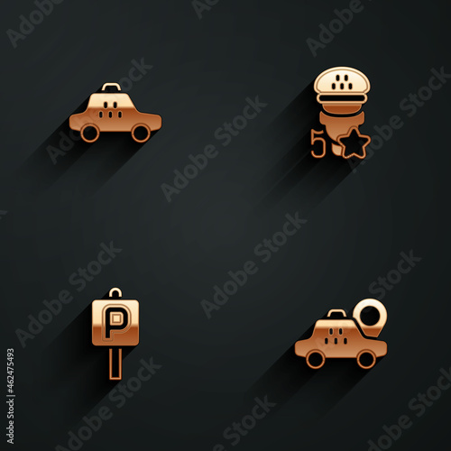 Set Taxi car, service rating, Parking and Location taxi icon with long shadow. Vector
