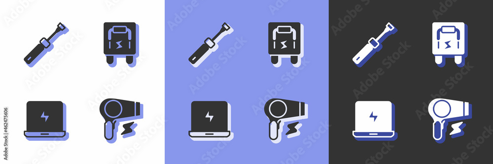 Set Hair dryer, Screwdriver, Laptop and Electrical panel icon. Vector Set Hair dryer, Screwdriver, Laptop and Electrical panel icon. Vector