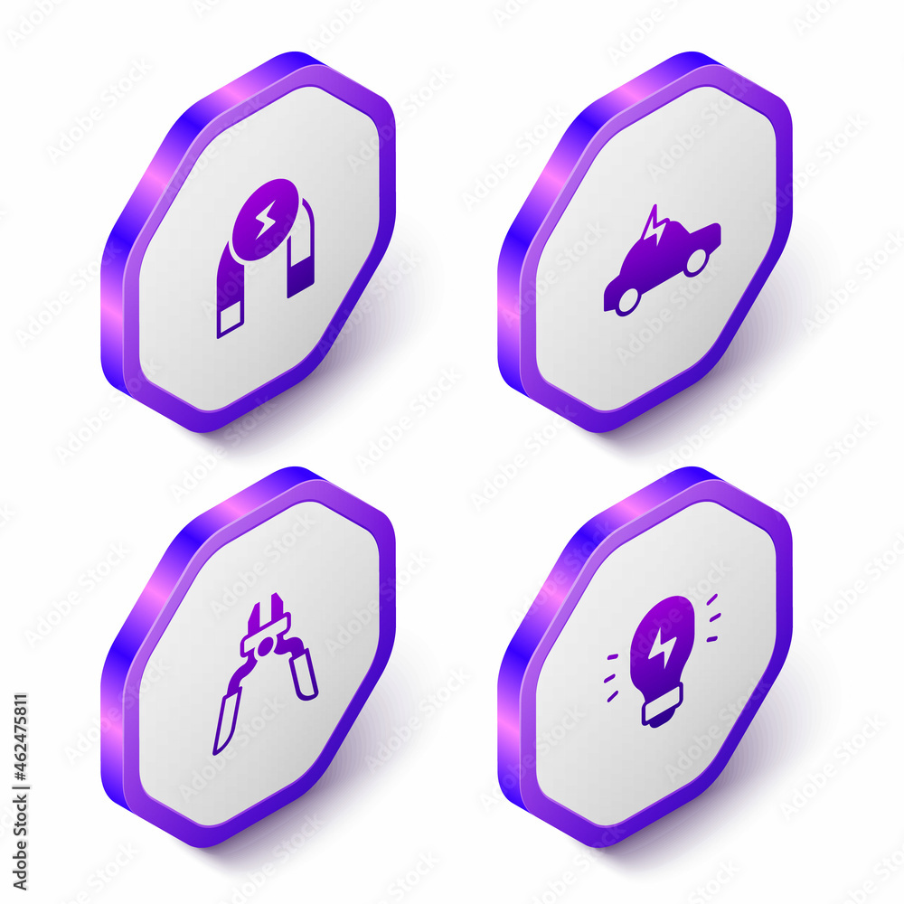 Set Isometric Magnet, Electric car, Pliers tool and Creative lamp light idea icon. Purple hexagon button. Vector Set Isometric Magnet, Electric car, Pliers tool and Creative lamp light idea icon. Purple hexagon button. Vector