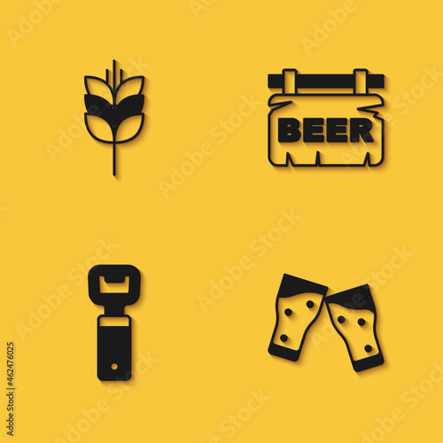 Set Wheat, Glass of beer, Bottle opener and Street signboard with Beer icon with long shadow. Vector