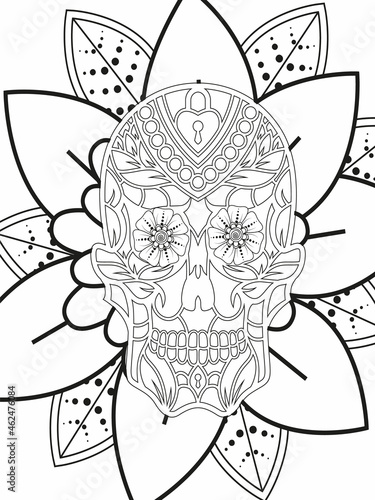 Sugar Skull flowers frame for Halloween or Day of the dead with flower elements. Hand drawn. Doodles art for greeting cards, invitation or poster. Coloring book for adult and kids.