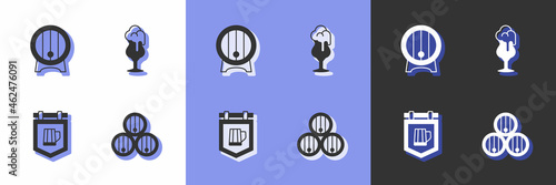 Set Wooden barrel, on rack, Street signboard with beer and Glass of icon. Vector