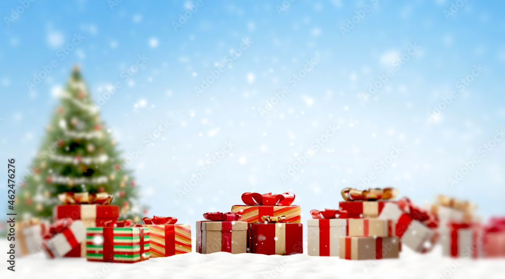 Christmas presents on snow outside in front of a Christmas fir 3d-illustration
