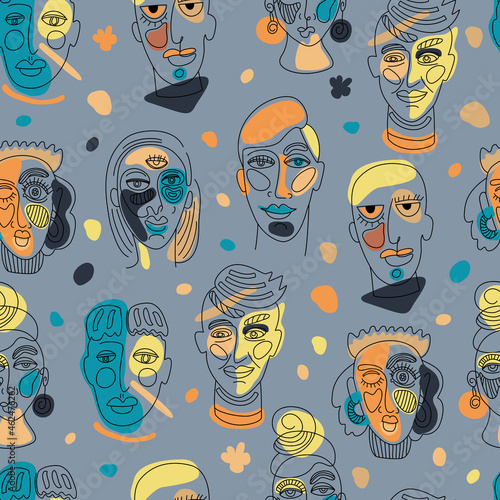 Modern abstract faces. Contemporary female man woman silhouettes. Hand drawn outline trendy illustration. Continuous line, minimalistic concept. Seamless pattern.