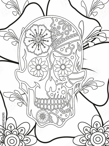 Sugar Skull flowers frame for Halloween or Day of the dead with flower elements. Hand drawn. Doodles art for greeting cards, invitation or poster. Coloring book for adult and kids.