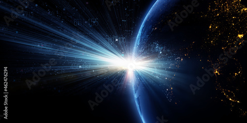Global International Connectivity Background 3d illustration. Connection lines Around Earth Globe  Motion of digital data flow. Futuristic Technology Theme Background with Light Effect