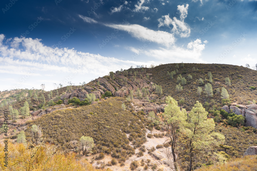 Pinnacles National Park, summer hike, beautiful rocks and landscape views of the valley Pinnacles National Park, summer hike, beautiful rocks and landscape views of the valley