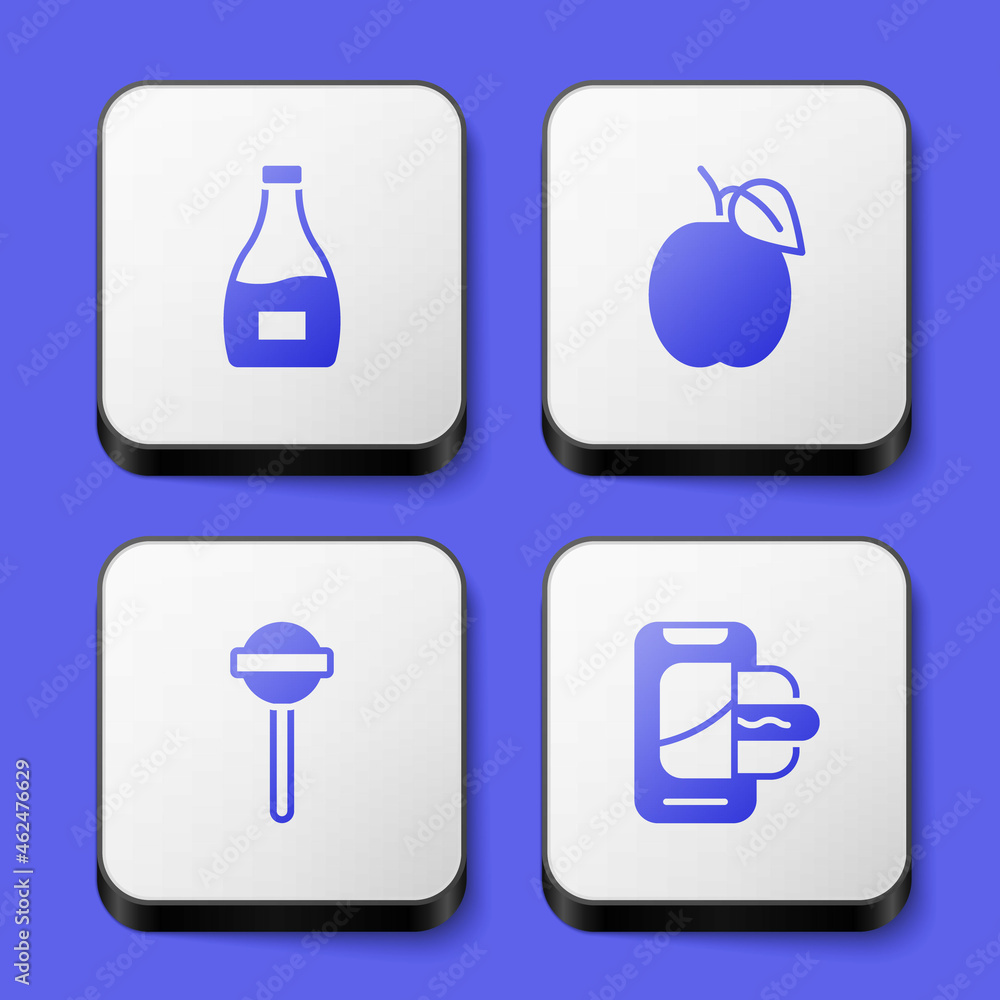 Set Sauce bottle, Plum fruit, Lollipop and Food ordering on mobile icon. White square button. Vector Set Sauce bottle, Plum fruit, Lollipop and Food ordering on mobile icon. White square button. Vector