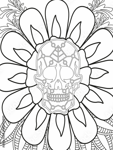 Sugar Skull flowers frame for Halloween or Day of the dead with flower elements. Hand drawn. Doodles art for greeting cards, invitation or poster. Coloring book for adult and kids.