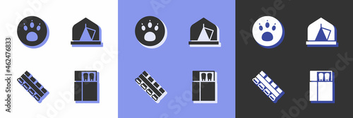Set Open matchbox and matches, Paw search, Hunting cartridge belt and Tourist tent icon. Vector