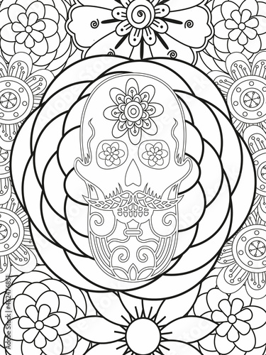 Sugar Skull flowers frame for Halloween or Day of the dead with flower elements. Hand drawn. Doodles art for greeting cards, invitation or poster. Coloring book for adult and kids.