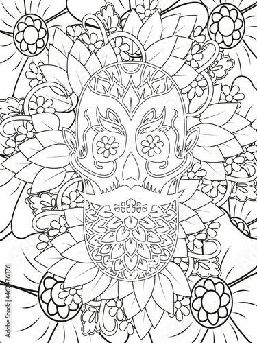 Sugar Skull flowers frame for Halloween or Day of the dead with flower elements. Hand drawn. Doodles art for greeting cards, invitation or poster. Coloring book for adult and kids.