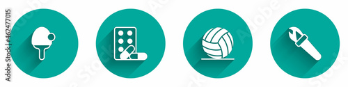Set Racket, Sports doping with dumbbell, Volleyball ball and Torch flame icon with long shadow. Vector