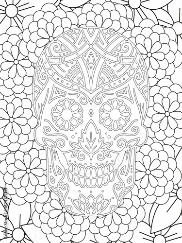 Sugar Skull flowers frame for Halloween or Day of the dead with flower elements. Hand drawn. Doodles art for greeting cards, invitation or poster. Coloring book for adult and kids.