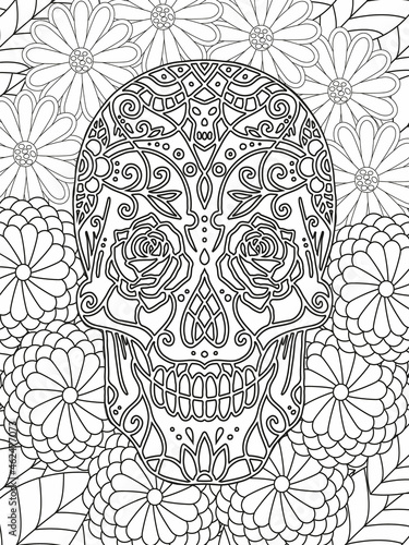 Sugar Skull flowers frame for Halloween or Day of the dead with flower elements. Hand drawn. Doodles art for greeting cards, invitation or poster. Coloring book for adult and kids.