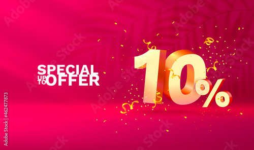 10 Off. Discount creative composition. 3d sale symbol with decorative objects, golden confetti, podium and gift box. Sale banner and poster. Vector