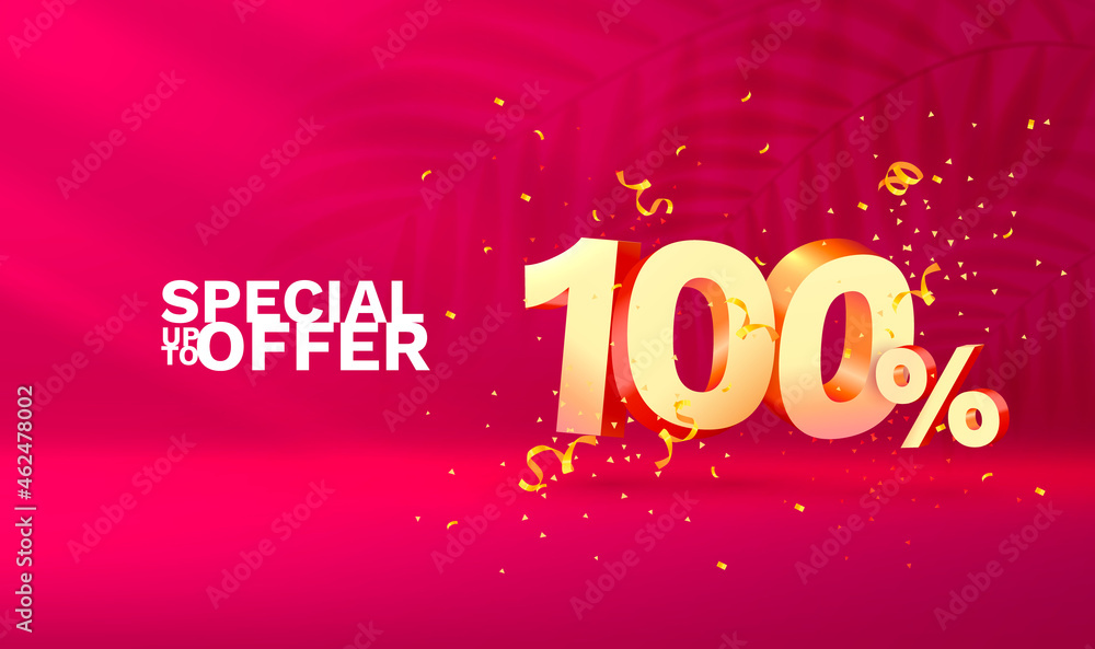 100 Off. Discount creative composition. 3d Golden sale symbol with decorative objects, golden confetti. Sale banner and poster. Vector