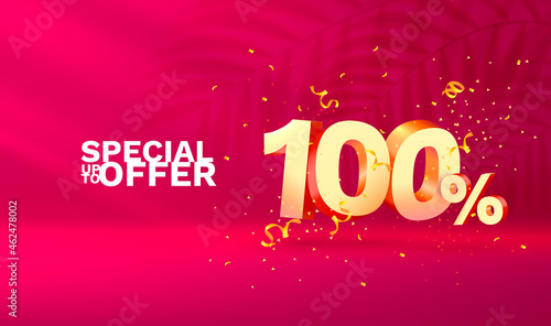 100 Off. Discount creative composition. 3d Golden sale symbol with decorative objects, golden confetti. Sale banner and poster. Vector photo