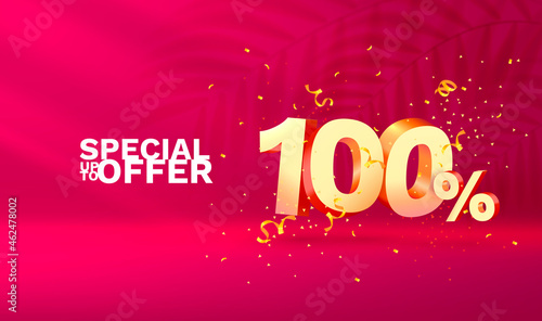 100 Off. Discount creative composition. 3d Golden sale symbol with decorative objects, golden confetti. Sale banner and poster. Vector