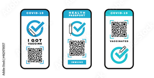 Set smartphone with interface health passport, mobile app for travel and control vaccinated. Electronic Covid-19 passport with QR code on smartphone screen. Vector illustration
