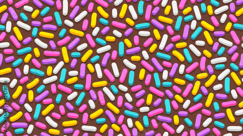 Seamless pattern of purple donut glaze with many colorful decorative sprinkles in flat style. Vector background