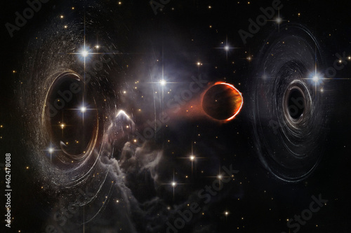 Fototapeta Naklejka Na Ścianę i Meble -  Window between worlds in the universe. Meteorite flies in gravity waves. Elements of this image furnished by NASA.