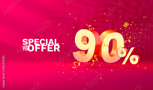 90 Off. Discount creative composition. 3d sale symbol with decorative objects, golden confetti, podium and gift box. Sale banner and poster. Vector
