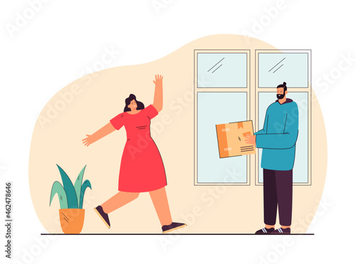 Postman or deliveryman giving parcel to woman who in a hurry to receive it. Courier delivering order to customers home flat vector illustration. Delivery service, shipment, logistics concept