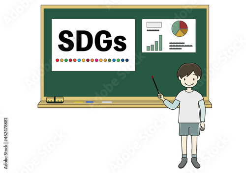 黒板でSDGsの説明をする子供のイラスト