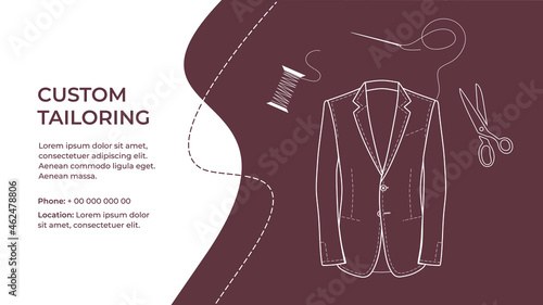 Sewing clothes, clothing, atelier. Custom tailoring. Tailor sews suit, tuxedo, blazer in sewing workshop. Bespoke, made to measure, tailoring-designed outfit. Color flat vector illustration. Isolated 