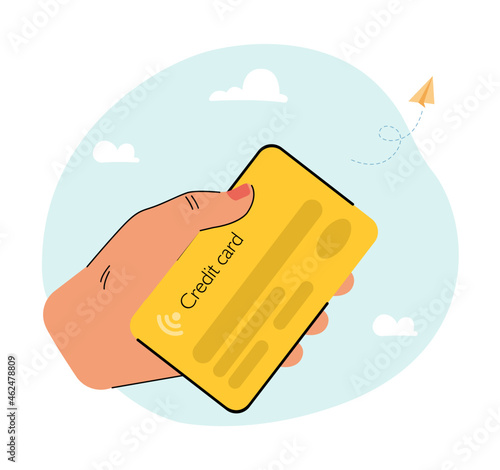 Huge hand holding yellow credit card. Money donation, paying using plastic credit card flat vector illustration. Online payment, finance concept for banner, website design or landing web page