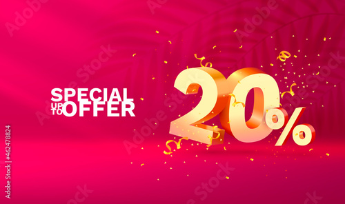 20 Off. Discount creative composition. 3d sale symbol with decorative objects, golden confetti, podium and gift box. Sale banner and poster. Vector