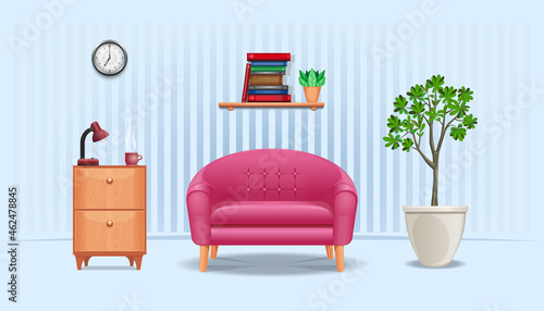 Room interior. Bedside table with a table lamp and a cup of coffee, a sofa, bookshelf with books and flower, a wall clock and a pot with a potted tree. Vector illustration