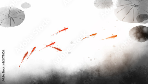 School of small red fishes under lotus leaves. Traditional oriental ink painting sumi-e, u-sin, go-hua.