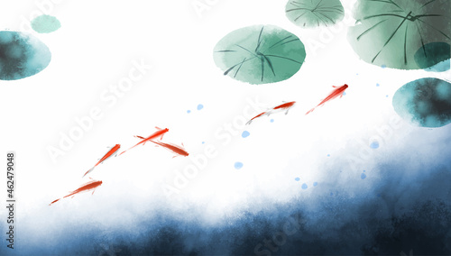 School of small red fishes under lotus leaves. Traditional oriental ink painting sumi-e, u-sin, go-hua.